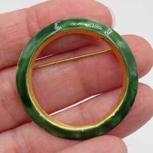 Sandor Vintage Green Enamel Gold Tone Circle Brooch